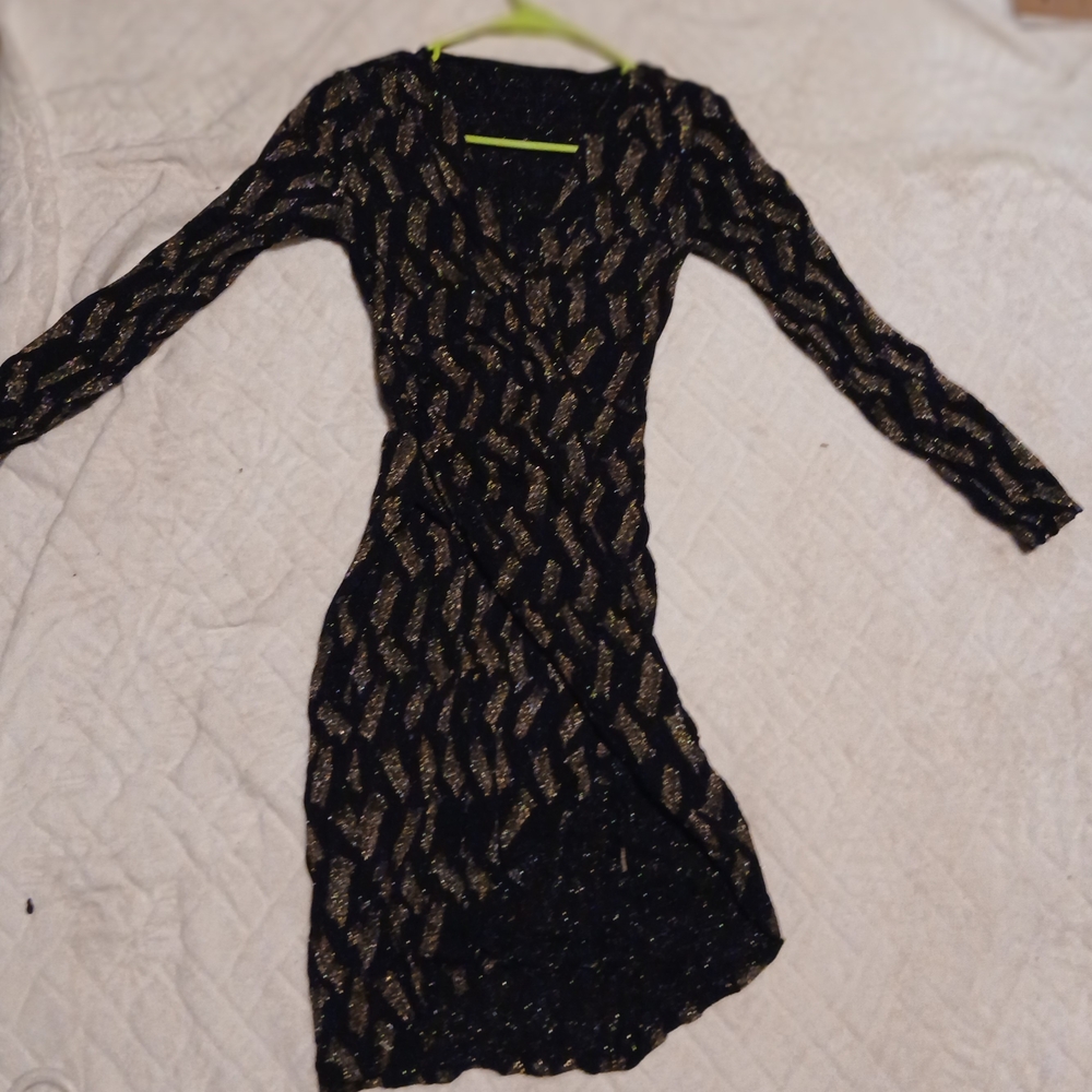 Black and Tan Bodycon Long Sleeve V-Neck Dress